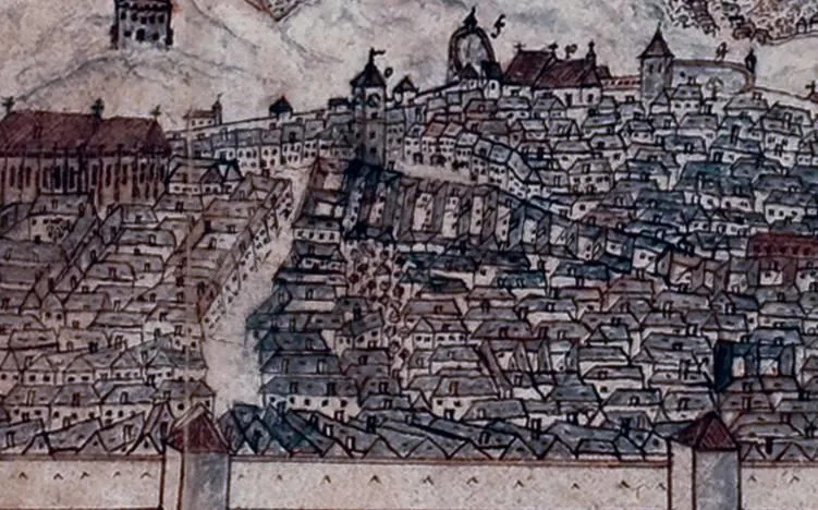 The citadel of Brașov in 1750. Two medieval houses still stand on the plot the house occupies today.