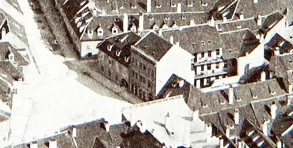 The house in 1888, still under its tall Baroque roof with two rows of masonry dormers.