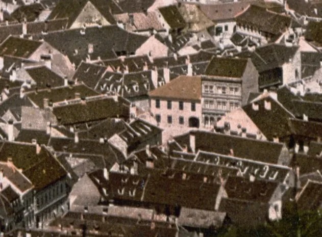 The house from above around 1900, after the roof was rebuilt at half its former height.